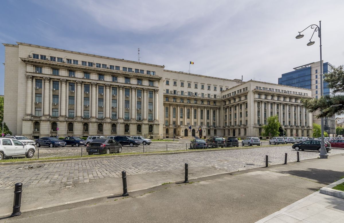 The facade of the Ministry of Internal Affairs of Romania (Ministerul Afacerilor Interne) in Revolution Square, Bucharest, Romania